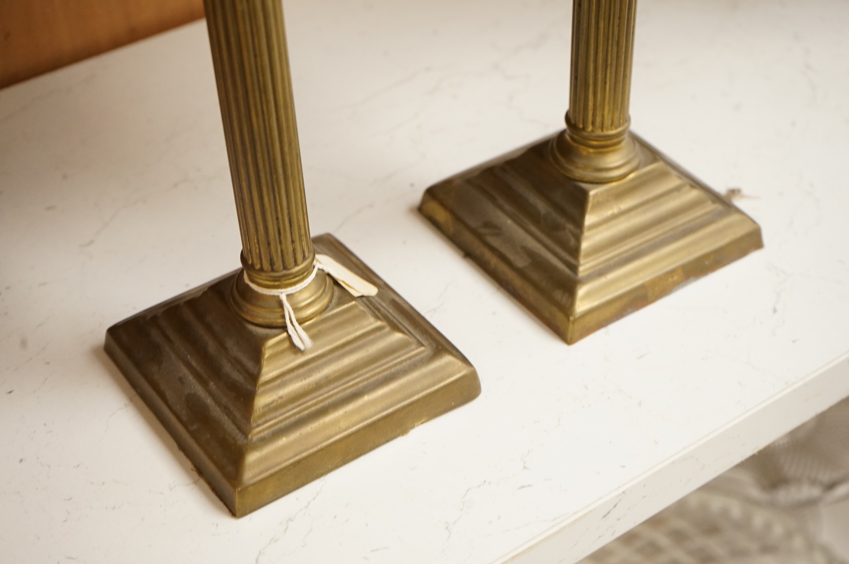 A pair of Victorian brass oil lamps with Webb style reservoirs, 33cm high